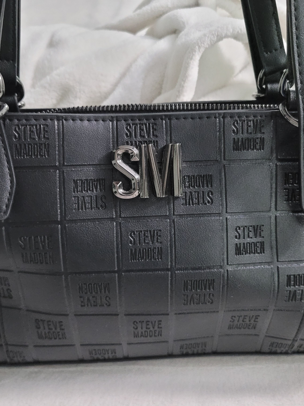 Steve Madden Black Embossed Logo Grid Satchel Handbag Silver SM Hardware